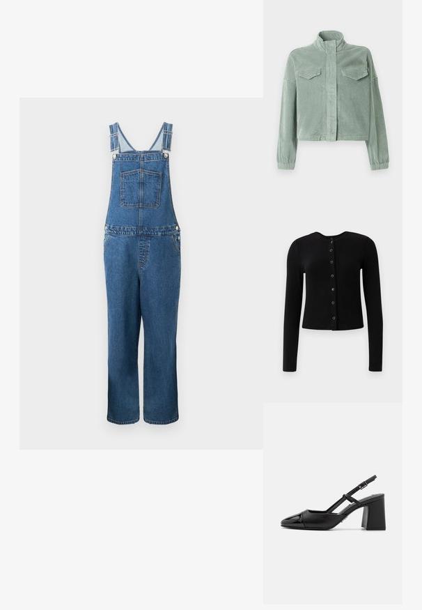 Veste en velours côtelé vert menthe avec col montant, fermeture éclair à l'avant et deux poches poitrine. Comprend des poignets élastiques et un design légèrement raccourci.; Salopette en denim avec des bretelles réglables, une poche frontale et des poches latérales. La couleur est un bleu moyen avec une texture légèrement décolorée.; Cardigan long à manches longues noir à côtes avec un col rond et une fermeture à boutons centraux, présentant des boutons métalliques et une silhouette ajustée.; Escarpin en cuir verni noir à talon bloc avec un bout pointu et une bride réglable. Texture lisse et design minimaliste.