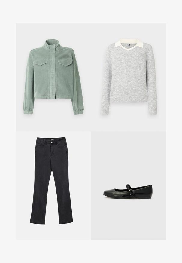 Mintgrøn kordfløjl jakke med høj krave, lynlås foran og to brystlommer. Har elastiske manchetter og et let cropped design.; Lys grå strikket sweater med lange ærmer og detaljer med hvid V-halskrave, ribbet kant og manchetter, vist på hvid baggrund.; Sorte lige ben jeans med front- og baglommer, bæltestropper og knaplukning i taljen.; Sorte læder balletflade med rund tå, flad sål og en tynd justerbar rem over svangen med en metalspænde.