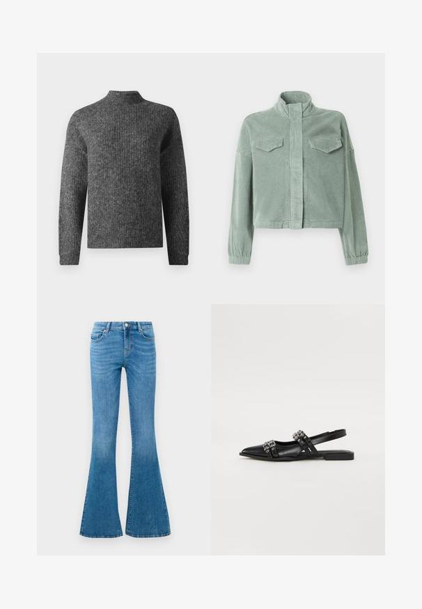 Veste en velours côtelé vert menthe avec col montant, fermeture éclair à l'avant et deux poches poitrine. Comprend des poignets élastiques et un design légèrement raccourci.; Pull en tricot gris foncé à manches longues et col montant court, présenté de face sur un fond blanc.; Jean flare en denim bleu avec une taille mi-haute, comportant cinq poches, un bouton standard et un léger délavage pour la texture.; Even&Odd Ballerines à brides arrière - black