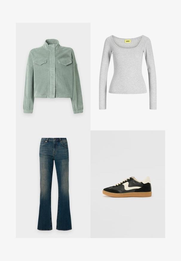 Chaqueta de pana verde menta con cuello alto, cierre frontal de cremallera y dos bolsillos en el pecho. Cuenta con puños elásticos y un diseño ligeramente corto.; Top gris claro de manga larga ajustada con escote amplio en forma de scoop y etiqueta de marca amarilla "JJXX" cosida en el interior del cuello.; Jeans de mezclilla azul acampanados con un acabado ligeramente desgastado, diseño de cinco bolsillos, cierre de botón y detalles cosidos a lo largo de las costuras.; Zapatillas de deporte de ante y cuero negro con un swoosh lateral en crema y un talón en crema claro. Presenta cordones beige y una suela de goma marrón.