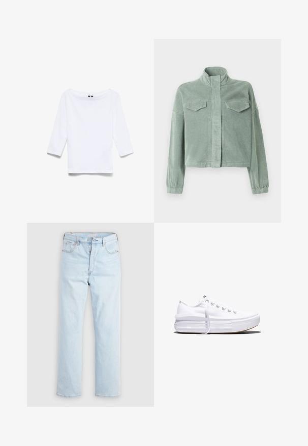 Chaqueta de pana verde menta con cuello alto, cierre frontal de cremallera y dos bolsillos en el pecho. Cuenta con puños elásticos y un diseño ligeramente corto.; Camisa blanca de manga tres cuartos hecha de una mezcla de algodón; presenta un amplio escote barco y una textura suave y ligera.; Vaqueros azul claro de tiro alto y pierna recta con cierre de botones y bolsillos delanteros y traseros sobre un fondo blanco liso.; Zapatilla blanca de lona de perfil bajo con suela gruesa de plataforma, cierre de cordones en el frente y puntera de goma texturizada, mostrada de perfil.