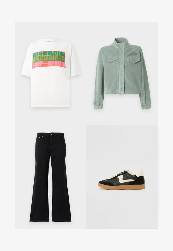 Minzgrüne Cordjacke mit hohem Kragen, Frontreißverschluss und zwei Brusttaschen. Verfügt über elastische Bündchen und ein leicht verkürztes Design.; Weißes T-Shirt mit kurzen Ärmeln und retro Blockschrift mit dem Schriftzug "BILLABONG MAMIWATA SURF AFRICA" in Orange, Grün und Pink.; Schwarze hochtaillierte Jeans aus Denim mit fünf Taschen und ausgestellt geschnittenen Beinen, präsentiert vor einem weißen Hintergrund.; Schwarze Wildleder- und Leder-Sneaker mit einem cremefarbenen Seiten-Swoosh und einer hellcremefarbenen Ferse. Ausgestattet mit beige Schnürsenkeln und einer Gummilaufsohle.