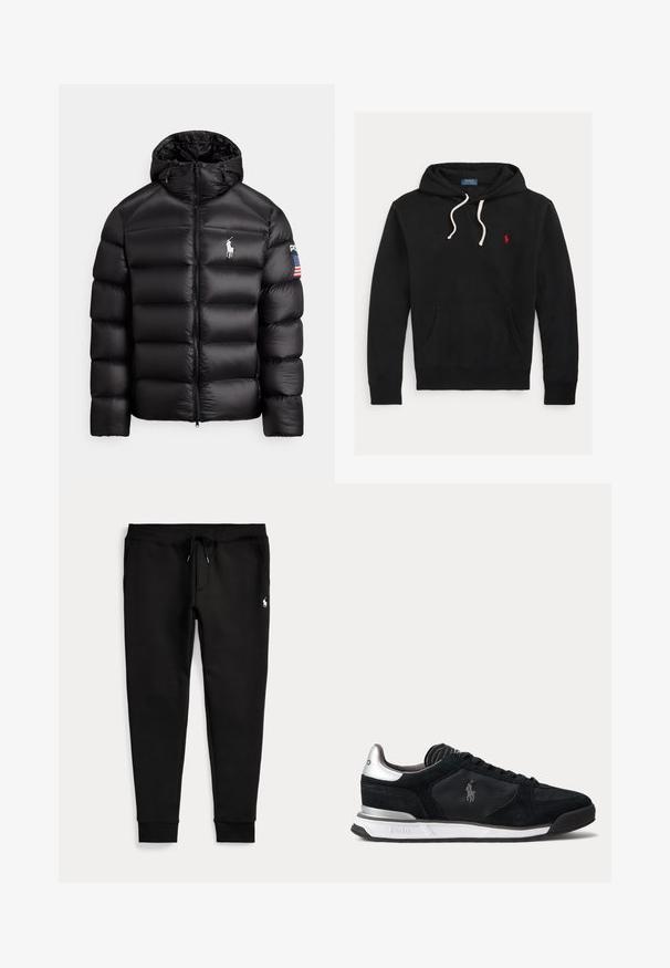 Schwarze Steppjacke mit Kapuze, gesteppter Optik, Reißverschluss und silbernem Logo auf der Brust. Enthält einen Aufnäher mit der amerikanischen Flagge.; Schwarzer Hoodie mit weißen Kordeln, Fronttasche und kleinem roten Polo Ralph Lauren-Logo auf der Brust.; Schwarze Jogginghose mit umgeschlagenen Bündchen, Tunnelzug in der Taille, Seitentaschen und kleinem weißen Polo-Spieler-Logo am rechten Oberschenkel.; Schwarzer und silberner Sneaker mit niedrigem Schaft und Schnürung, weißer Sohle und gesticktem Polo-Logo an der Seite, von der Außenseite gesehen.