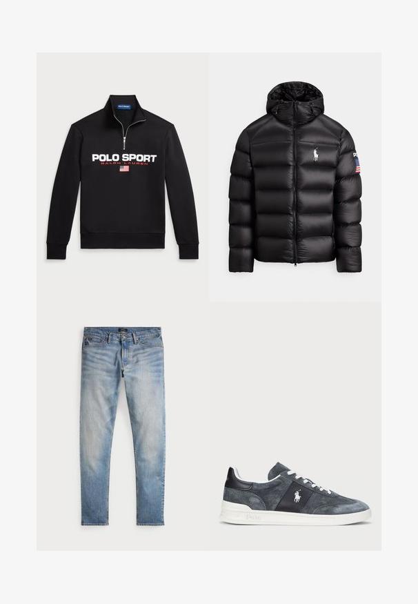 Schwarze Steppjacke mit Kapuze, gesteppter Optik, Reißverschluss und silbernem Logo auf der Brust. Enthält einen Aufnäher mit der amerikanischen Flagge.; Schwarzer Zip-Hoodie aus weichem Stoff mit großem weißen "POLO SPORT"-Logo, roten Akzenten und einer kleinen amerikanischen Flagge.; Helle blaue Denim-Jeans mit einem ausgewaschenen Finish, Fünf-Taschen-Design und kontrastierenden Nähten. Mit Reißverschluss und Gürtelschlaufen. Gerade geschnitten.; Graue Wildledersneaker mit weißen Schnürsenkeln, einem dunklen Einsatz mit Logo und einer weißen Gummisohle. Abgerundete Zehenpartie mit genähten Details.