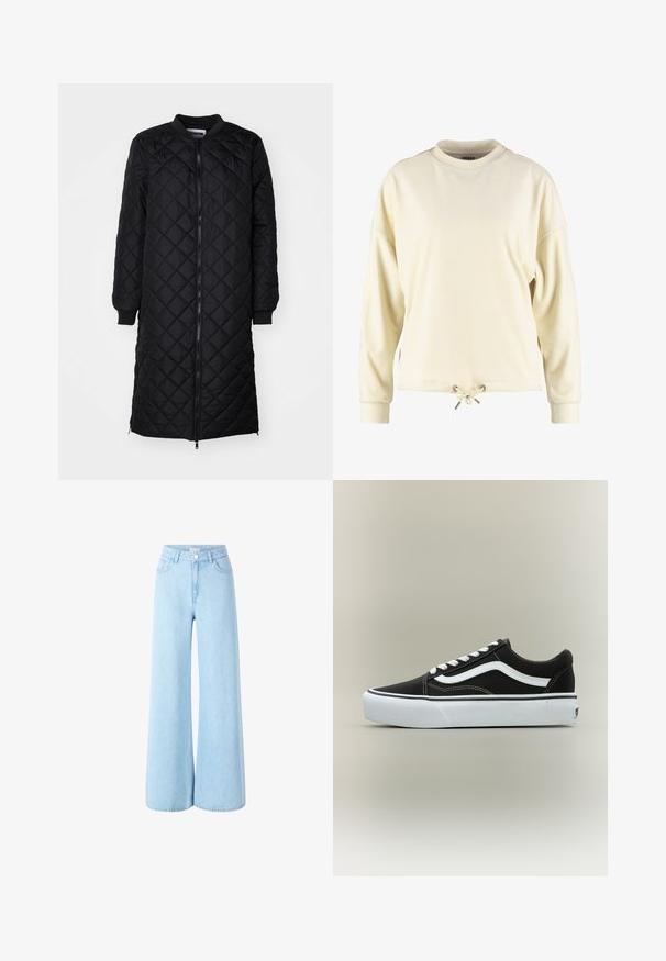 Sort quiltet lang frakke med lynlås, diamantmønster, ribbede manchetter og rund hals. Glat tekstur og tætsiddende silhuet.; Cremefarvet sweatshirt med rund halsudskæring, lange ærmer og snoretræk i kanten. Stof er blødt med en glat tekstur.; Lyseblå, vide denimbukser med høj talje, forlommer og en enkelt knaplukning. Glat tekstur med en ensartet vask.; Lavtop sort sneaker med hvid side stribe, hvide snørebånd, hvid gummisål og tekstureret tåhætte på neutral baggrund.
