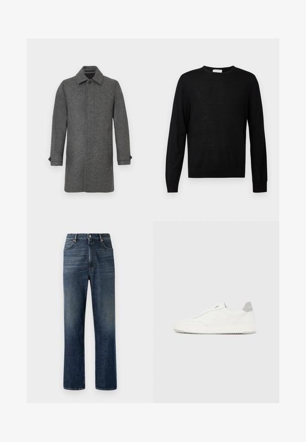 Manteau en laine grise avec patte de boutonnage, col pointu et manches longues. Comprend des boutons aux poignets et une silhouette droite.; Pull noir à manches longues en tissu doux, avec un col rond, des poignets côtelés et un ourlet droit. Design minimaliste, sans motifs.; Jeans en denim bleu foncé avec une coupe droite, couture visible, design à cinq poches et fermeture à bouton argenté à la taille.; Baskets basses blanches avec un onglet de talon gris, des lacets blancs et une semelle texturée, présentées sur un fond uni clair.