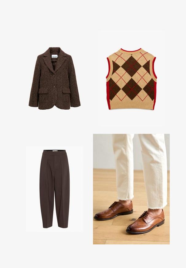 Brauner Wollmischungsblazer mit strukturierter Oberfläche, Reverskragen, zwei Vorder Taschen und Ein-Knopf-Verschluss. Mit gefüttert.; Koton Top - brown; Braune, gefaltete Hosen mit hohem Bund, aus einem glatten, strukturierten Stoff und mit schmal zulaufenden Beinen, die eine lockere Passform bieten.; Braune Leder-Brogueschuhe mit perforierten Details, runder Spitze und glatter Oberfläche, kombiniert mit cremefarbenen Hosen mit fransigem Saum.