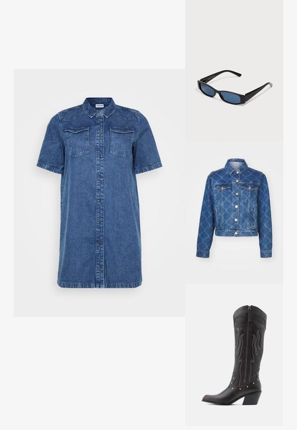 Chaqueta de mezclilla azul con patrón de diamantes, dos bolsillos en el pecho y botones plateados; de corte corto y diseño de collar clásico.; Vestido de camisa de mezclilla en azul oscuro, con mangas cortas, dos bolsillos en el pecho, cierre de botones en la parte delantera y un corte recto.; Botas de cowboy de cuero marrón con costuras en forma de llama, cremallera lateral, tachuelas plateadas, punta puntiaguda y tacón apilado.; Gafas de sol negras con una elegante montura rectangular y lentes azules. Presentan una textura suave y varillas resistentes. Logo de la marca en el costado.