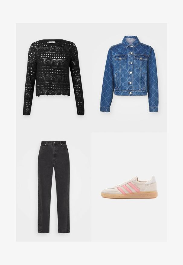 Blauwe denimjas met ruitpatroon, twee borstzakken en zilveren knopen; cropped lengte en klassiek kraagontwerp.; Zwarte trui met lange mouwen en gehaakte steken, met geometrische en gestippelde opengewerkte patronen en een geschulpte zoom, gelabeld JDY.; Zwarte denim jeans met rechte pijpen en hoge taille, met een knoop en rits aan de voorkant en vijf zakken, op een witte achtergrond.; Beige suède sneaker met roze drie strepen aan de zijkant. Voorzien van een gestructureerde rubberen zool en een witte hielaccent. Minimalistisch ontwerp.