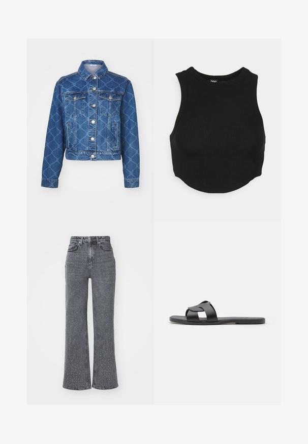 Blå denimjakke med diamantmønster, to brystlommer og sølvknapper; cropped længde og klassisk kravedesign.; Sort ribbet crop top med høj hals og ærmeløs design. Blød tekstur med tætsiddende pasform og let buet kant.; Grå denim flared jeans med høj talje, der har et subtilt prikket mønster og fem-lomme design. Slidt tekstur nær sømmen.; Sort slide sandal med crisscross strop design, flad sål, mat tekstur og minimalistisk profil. Velegnet til afslappet brug.