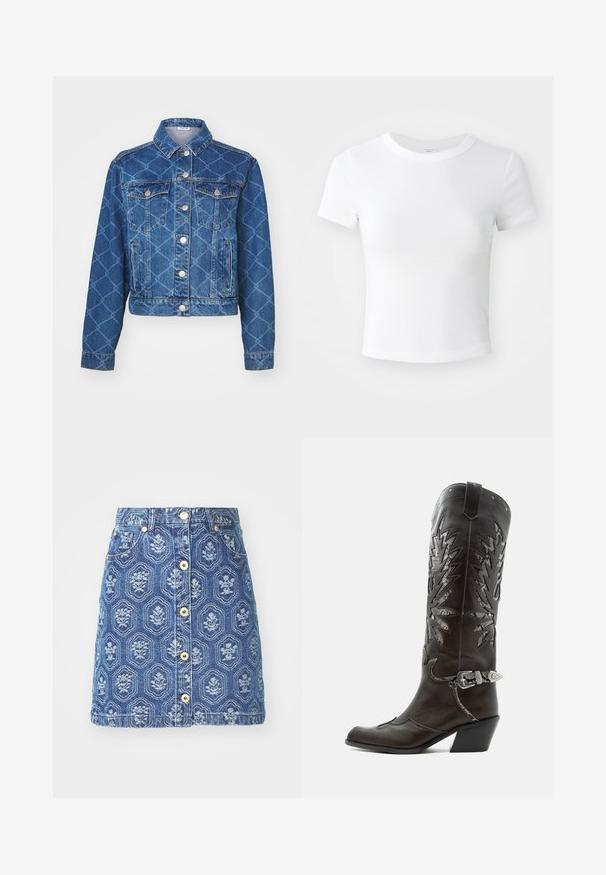 Blå denimjakke med diamantmønster, to brystlommer og sølvknapper; cropped længde og klassisk kravedesign.; Simpel hvid kortærmet cropped t-shirt med rund halsudskæring, præsenteret på en neutral lys baggrund.; Denim nederdel med et blåt blomstermønster, der har lukning med knapper foran og lommer, a-line form og kontrastsyede detaljer.; Sort læder cowboystøvle med dekorative udskæringer, sølvspænde og skrå hæl, vist på hvid baggrund.