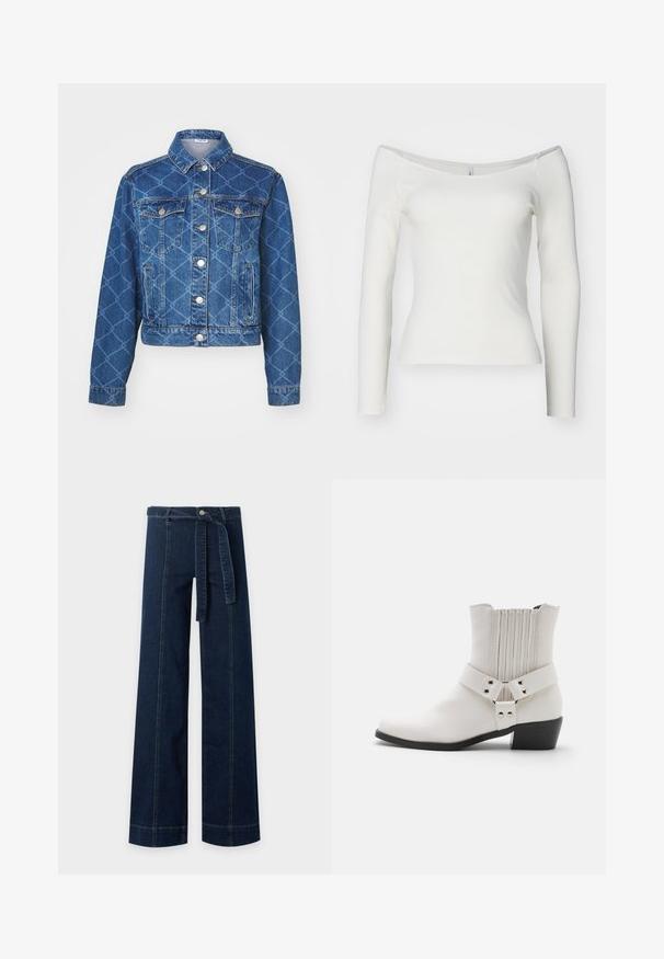 Chaqueta de mezclilla azul con patrón de diamantes, dos bolsillos en el pecho y botones plateados; de corte corto y diseño de collar clásico.; Top blanco de manga larga y sin hombros, confeccionado en material acanalado. Diseño ajustado con una textura suave y dobladillo recto.; Pantalón vaquero azul oscuro de pierna ancha con detalles de costura en la parte delantera y cinturón de tela a juego atado a la cintura.; Botín de cuero blanco hasta el tobillo con punta ligeramente afilada, detalle fruncido en la parte posterior y una amplia correa con herraje de hebilla alrededor del tobillo.