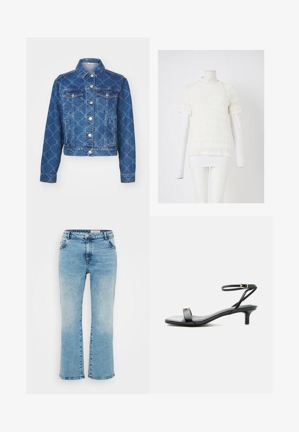 Blaue Jeansjacke mit Rautenmuster, zwei Brusttaschen und Silberknöpfen; cropped Länge und klassisches Kragendesign.; Weißes Spitzenoberteil mit kurzen Ärmeln und filigranen Mustern, über einem figurbetonten weißen Langarmshirt drapiert, auf einer Schaufensterpuppe präsentiert.; Hellblaue Denim-Jeans mit geradem Schnitt, Knopfverschluss, fünf Taschen und dezentem Ausbleichen an den Knien.; Schwarze Leder-Sandalette mit offenem Zehenbereich, niedrigem Kitten-Heel, dünnem Knöchelriemen mit goldfarbener Schnalle und dekorativem goldfarbenem Akzent am vorderen Riemen.
