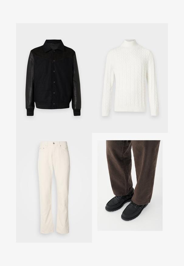 Zwarte jas met een wollen lijf en leren mouwen. Heeft een knoopsluiting aan de voorkant, zijzakken en ribgebreide boorden en zoom. Gladde textuur overal.; Witte gebreide turtleneck trui met een kabelpatroon, geribde kraag en lange mouwen. Zachte textuur met een aansluitende silhoutte.; Beige katoenen jeans met een klassiek recht model, met een knoopsluiting aan de voorkant, vijf zakken en subtiele stikdetails.; Zwarte leren schoenen met een gladde afwerking, ronde neus en vetersluiting, gecombineerd met textuurrijke bruine broek. Vanuit een laag perspectief gezien.