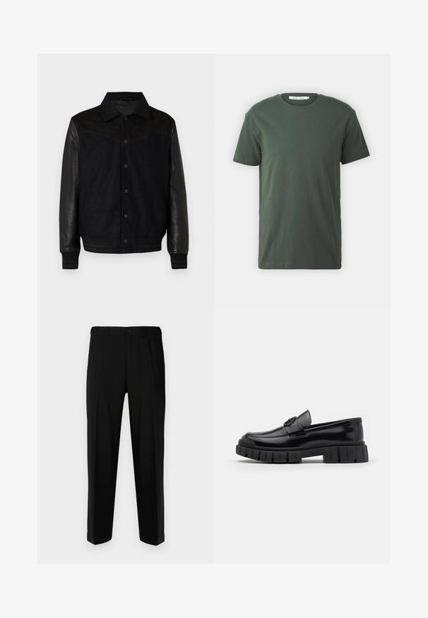Sort jakke med uldkrop og læderærmer. Har en knaplukning foran, sidelommer og ribbede manchetter og kant. Glat tekstur overalt.; Mørkegrøn bomulds T-shirt, korte ærmer, rund hals, afslappet pasform, ensfarvet design og glat tekstur uden synlige mønstre eller detaljer.; Sorte bukser lavet af glat stof, med lige snit, to forlommer og lynlås med knaplukning.; Sorte læderloafers med tykke, rillet gummisåler. Har en rund tå og en dekorativ rem med et logoaccent. Glat overflade.