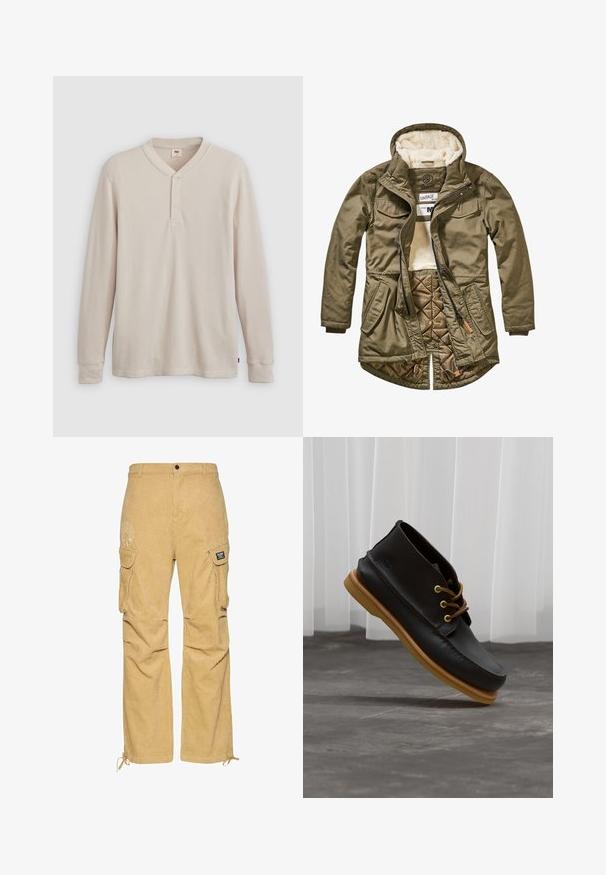 Olivengrøn parka-jakke med en fuzzy beige foring, to brystlommer, lynlås- og knaplukninger samt en quilted inderside for varme.; Langærmet henley-skjorte i lys beige ribbet stof, med V-hals, tre-knap placket og manchetter ved ærmerne. Rød logo-tags ved kanten.; Tan corduroy cargo bukser med løs pasform, der har sidelommer, en snor i kanten og et diskret logo-design på den ene side.; Sorte lædersko med en glat overflade, rund tå, brune snørebånd og lysebrune gummisåler. Logo præget på siden.