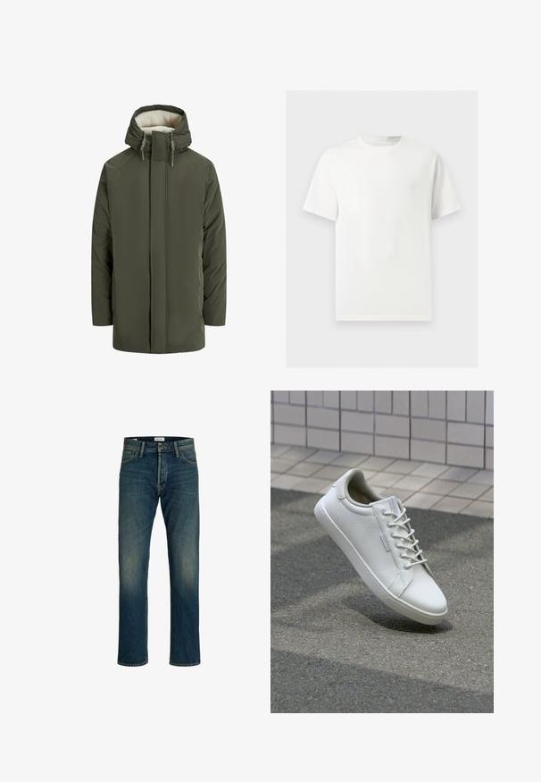 Chaqueta de invierno verde oscuro con capucha, cremallera frontal y forro interior suave de forro polar color crema dentro de la capucha.; Camiseta blanca lisa de manga corta y cuello redondo mostrada sobre un fondo gris claro.; Vaqueros de denim con un lavado azul medio, corte recto, diseño clásico de cinco bolsillos y un ligero desgaste en los muslos para mayor textura.; Zapatilla blanca hecha de cuero texturizado, con un cierre de cordones en la parte delantera, suela de goma resistente y un diseño minimalista con puntera reforzada.