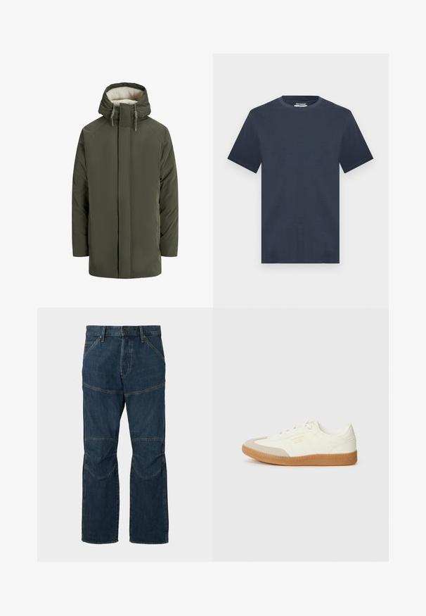 Chaqueta de invierno verde oscuro con capucha, cremallera frontal y forro interior suave de forro polar color crema dentro de la capucha.; Camiseta de manga corta azul marino con cuello redondo y ajuste relajado, mostrada sobre un fondo gris claro.; Jeans de mezclilla azul oscuro con paneles de rodilla reforzados, cierre delantero de botón y cremallera, y bolsillos frontales sobre un fondo liso.; Zapatilla de cuero blanca con puntera beige y suela de goma marrón claro. Presenta cordones planos blancos y una marca en relieve en el lateral.