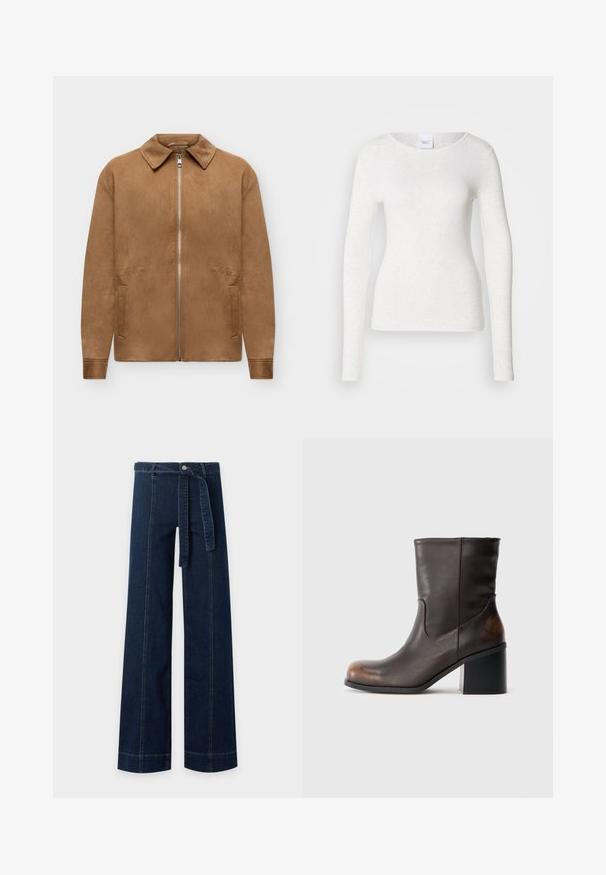 Chaqueta marrón de ante con cremallera frontal, dos bolsillos laterales, mangas largas y cuello puntiagudo, mostrada sobre un fondo blanco liso.; Camiseta blanca de manga larga en un tejido suave y ligero con escote redondo y ajuste slim, con una textura sutil.; Pantalón vaquero azul oscuro de pierna ancha con detalles de costura en la parte delantera y cinturón de tela a juego atado a la cintura.; Bota de cuero de color marrón oscuro hasta la mitad de la pantorrilla, con punta redondeada y tacón cuadrado, que muestra un sutil desgaste en las áreas de la punta y el tacón.
