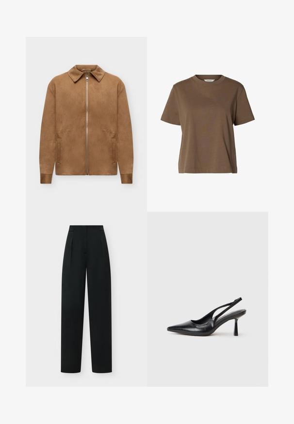 Veste en daim marron avec une fermeture éclair à l'avant, deux poches latérales, manches longues et col pointu, présentée sur un fond blanc uni.; T-shirt marron à manches courtes et col rond, en tissu uni, coupe décontractée avec peu de coutures.; Pantalon noir taille haute, ajusté, jambes droites avec plis devant, présenté à plat sur un fond uni.; Chaussure à talon haut en cuir noir, à bride arrière, avec un bout pointu et un talon fin sur fond blanc.