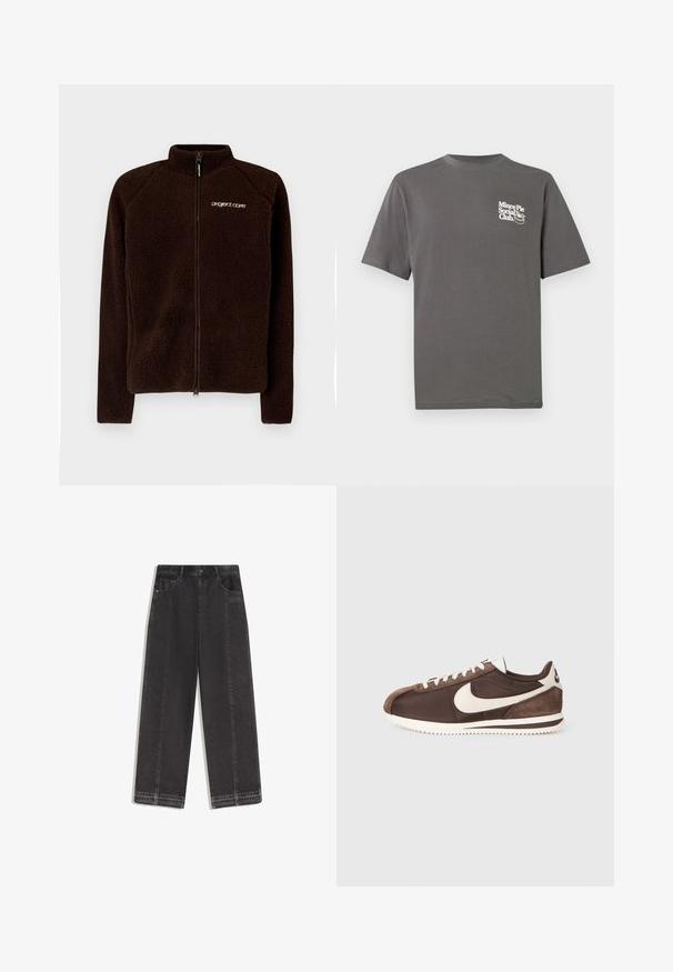 Bruine fleecemantel met hoge kraag, volledige rits aan de voorkant en subtiele logo op de borst. Zachte, gestructureerde stof met een strakke pasvorm.; Donkergrijs katoenen T-shirt met korte mouwen, met een witte logotekst "Mince Pie Social Club" op het linkerborstgebied.; Zwarte brede jeans met hoge taille, voorzakken, rafelige zoom en een subtiel "ODD SUPPLY" logo op het rechter zakgedeelte.; Bruine sneaker met een mix van suede en canvas materialen, voorzien van een witte Nike swoosh logo en een getextureerde rubberen buitenzool.