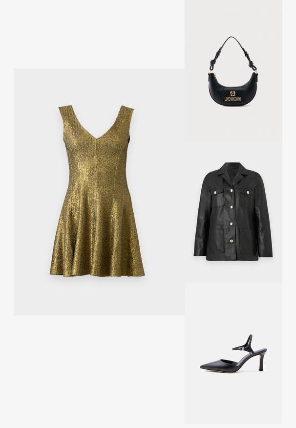 Schwarze Lederjacke mit goldenen Knöpfen, zwei Klappentaschen auf der Brust, zwei aufgesetzten Taschen unten und einem Reverskragen.; Goldenes Paillettenkleid mit V-Ausschnitt, tailliertem Oberteil und schwingendem Rock. Hergestellt aus strukturiertem Material mit glänzender Oberfläche. Ärmelloses Design.; Schwarzer spitzer High Heel mit dünnem Knöchelriemen und silberner Schnalle, glatte Lederoberfläche, eleganter Damenschuh.; Schwarze Halbmond-Handtasche mit geknotetem Griff und goldener "Love Moschino" Logo-Plakette vorne, Reißverschluss oben.