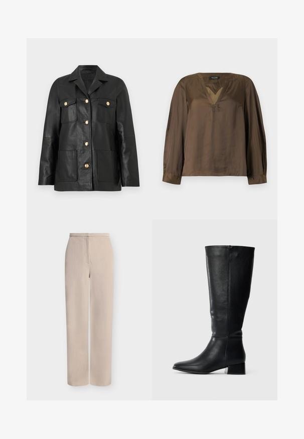 Veste en cuir noire avec boutons dorés, deux poches à rabat sur la poitrine, deux poches plaquées inférieures, et un col cranté.; Blouse en satin brun à manches longues avec encolure en V, poignets boutonnés et détails de surpiqûres discrets sur le col et la poitrine.; Pantalon beige à jambes larges en tissu texturé, avec une couture frontale et une taille simple sans ornements.; Bottes noires en cuir, hautes jusqu'au genou, avec un petit talon carré et un bout pointu, présentées de côté sur un fond uni clair.