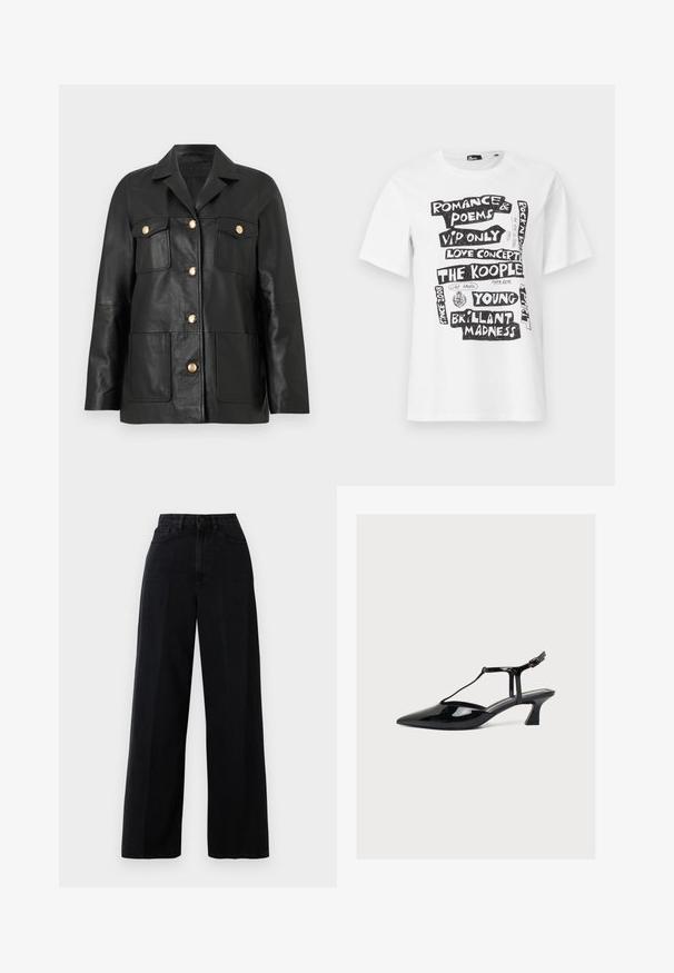 Schwarze Lederjacke mit goldenen Knöpfen, zwei Klappentaschen auf der Brust, zwei aufgesetzten Taschen unten und einem Reverskragen.; Weißes T-Shirt mit kurzen Ärmeln und schwarzen Blockschriftzügen mit den Phrasen "Romance & Poems", "Love Concert", "The Kooples" und "Brillant Madness".; Schwarze, weit geschnittene Jeans aus Denim, mit hoher Taille, Fronttaschen und einer Knopfschließe. Der Stoff hat eine glatte Textur.; Schwarzer Lacklederschuh mit niedrigem Absatz, spitzer Zehenpartie, T-Riemen und Schnallenverschluss vor hellem neutralem Hintergrund.
