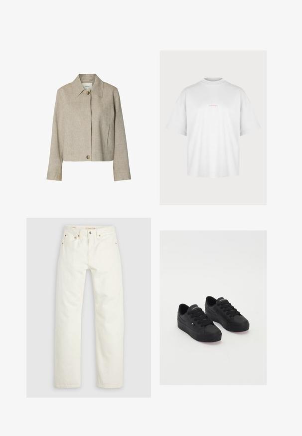 Beige, kurz geschnittene Jacke mit weitem Kragen, langen Ärmeln, zwei großen Knöpfen und subtilen Nahtdetails, aus strukturiertem Stoff gefertigt.; Pegador GABI HEAVY OVERSIZED TEE - T-Shirt print - white; Weiße gerade geschnittene Jeans aus Denim mit Knopf- und Reißverschluss, Taschen vorne und hinten sowie Kupfernieten-Akzenten.; Schwarze Low-Top-Sneaker aus glattem Material, mit dicken Schnürsenkeln, einer strukturierten Sohle und einem kleinen Logo an der Seite und auf der Zunge.