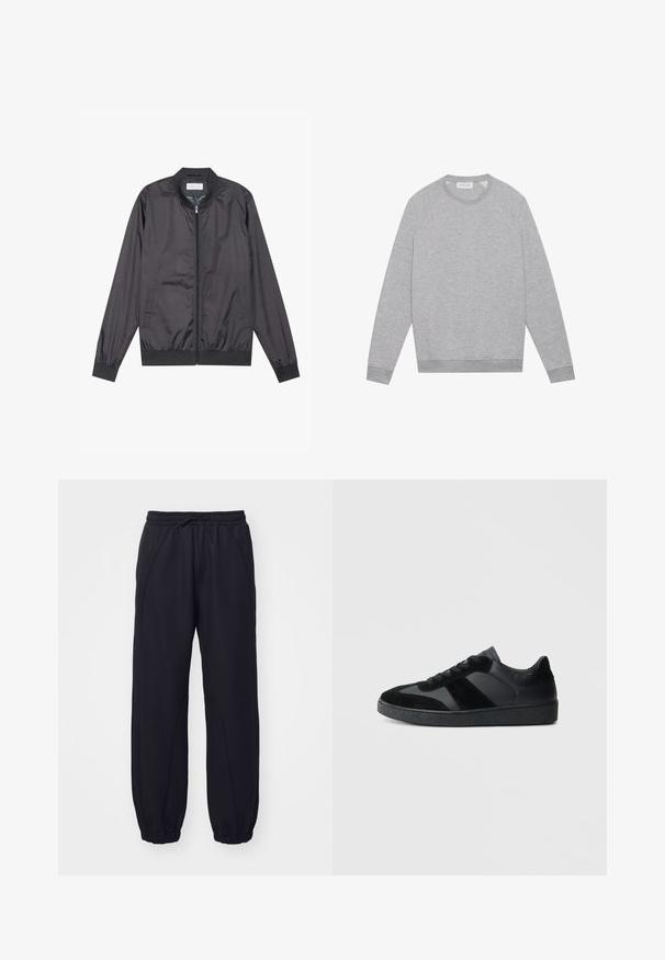 Mustad must jacket, mis on valmistatud kergest ja siledast materjalist, lukuga kinnitamine, ribiga krae, mansetid ja alläär; külgedel on taskud.; Heledhall hallhii white crewneck sweatshirt, millel ribbed cuffs ja hem, paigaldatud tasasele taustale.; Mustad mustad, pehmest kangast, elastsest vöökoht ehitatud kummipaeltega, mansetiga ääred ja dekoratiivsete õmblustega.; Mustad vabaajajalatsid, mis on valmistatud siledast nahast ja seemisnahast, tekstuurse musta kummist tallaga ning peene triibulise detailiga.