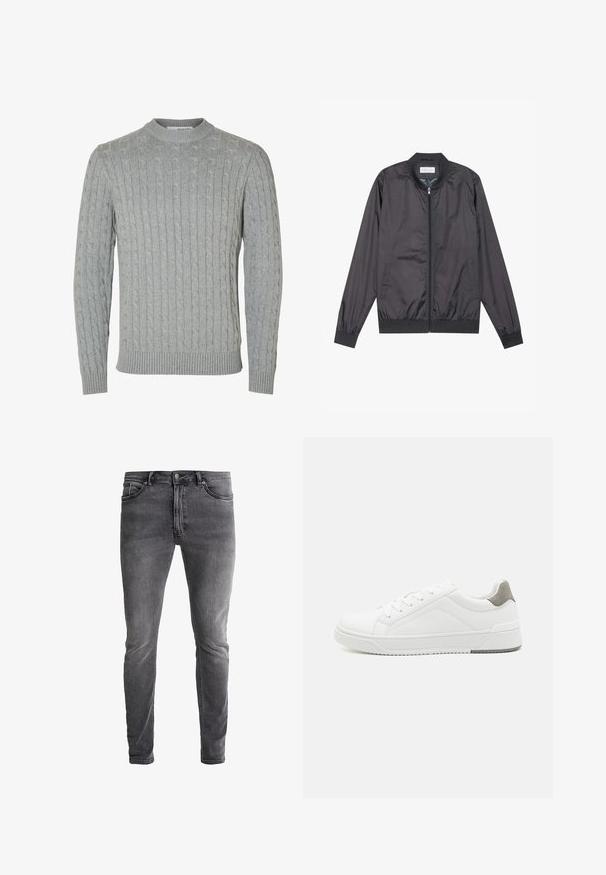 Chaqueta bomber negra hecha de un material ligero y suave con cierre de cremallera, cuello, puños y dobladillo acanalados; cuenta con bolsillos laterales.; Suéter de punto gris claro con diseño de cable, cuello redondo y puños y dobladillo acanalados. Hecho de tela suave y texturizada.; Jeans de mezclilla gris de corte slim fit con un ligero estiramiento. Presenta cinco bolsillos, una cremalleras y un botón de metal en contraste. Textura de lavado desgastado.; Zapatilla blanca con material de cuero liso, punta redonda, diseño minimalista, acento gris en el talón y suela de goma texturizada.