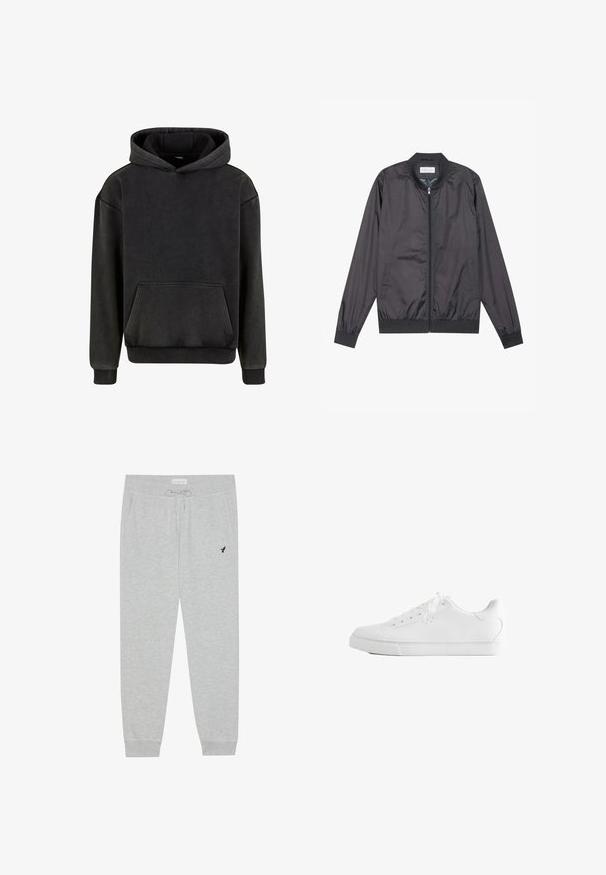 Schwarze Bomberjacke aus leichtem, glattem Material mit Reißverschluss, geripptem Kragen, Bündchen und Saum; bietet Seitentaschen.; Urban Classics Kapuzenpullover - magnet; Pier One by Zalando Jogginghose - hellgrau; Weißer Low-Top-Sneaker mit Schnürsenkeln, glattem Lederobermaterial und flacher Gummisohle, seitlich auf weißem Hintergrund gezeigt.