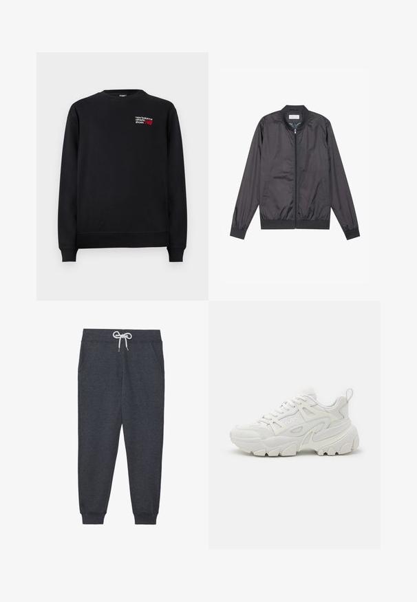Mustad must jacket, mis on valmistatud kergest ja siledast materjalist, lukuga kinnitamine, ribiga krae, mansetid ja alläär; külgedel on taskud.; Mustkasest puuvillasegustes kangast dressipluus, millel on ümar kaelus, soonikkoes varrukad ja väike punane ja valge "New Balance" logo rinnal.; Tumed hallid dressipüksid, mis on valmistatud pehmest materjalist, millel on elastne vöökoht valge paisutusega, ees on taskud ja ribadega mansetid.; Valged spordijalatsid, millel on tekstuuriga pealisosa, võrkpaneelid, väljapaistvad kummist tallad ja dekoratiivsed lõiked külgedel.