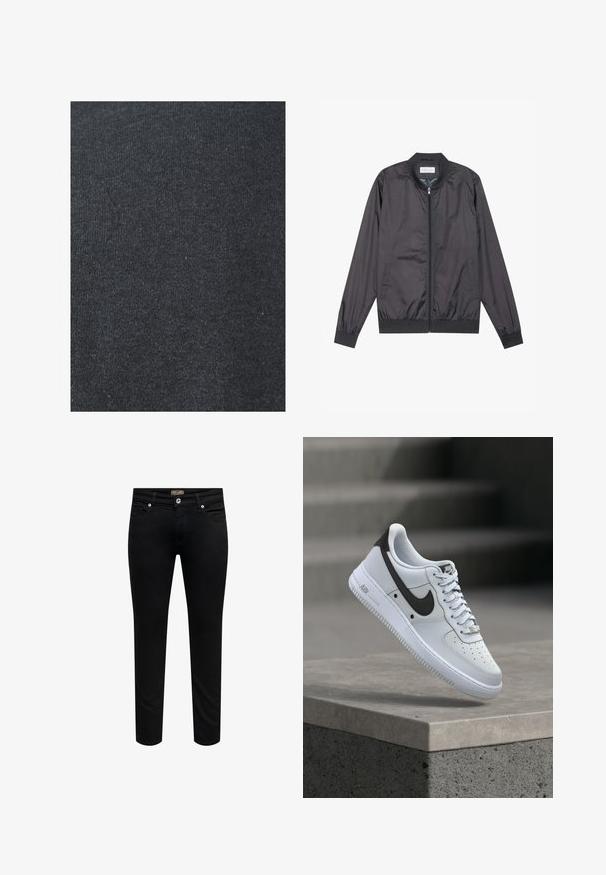 Μαύρο bomber jacket φτιαγμένο από ελαφρύ, λείο υλικό, με κλείσιμο φερμουάρ, ριμπ λαιμό και μανίκια, και ριμπ στρίφωμα; διαθέτει πλαϊνές τσέπες.; Μαύρο βαμβακερό ύφασμα με λεία υφή, που διαθέτει ομοιόμορφο σχέδιο πλέξης και χωρίς εμφανή διακοσμητικά στοιχεία ή λεπτομέρειες υλικού.; Μαύρα στενά τζιν με μπροστινό κούμπωμα με κουμπί και φερμουάρ, θηλιές για ζώνη και σχεδιασμό με πέντε τσέπες σε λευκό φόντο.; Λευκό αθλητικό παπούτσι Nike Air Force 1 με μαύρο λογότυπο Swoosh, αιωρείται πάνω από μια τσιμεντένια άκρη με θολές σκάλες στο φόντο.
