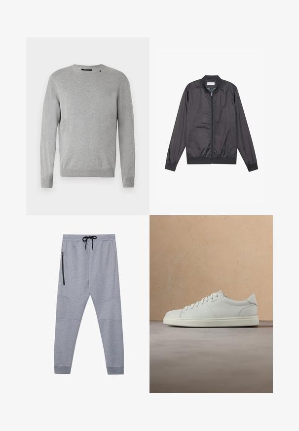 Sort bomberjakke lavet af let, glat materiale med lynlåslukning, ribbet krave, manchetter og kant; har sidelommer.; Lys grå sweater med lange ærmer, rund halsudskæring, strikket tekstur og et simpel design med et lille logo over venstre skulder.; Grå sweatpants lavet af blødt stof med snor i taljen, tætsiddende ben og en sidelomme med lynlås til sikker opbevaring.; Hvid lædersneaker med en glat tekstur, rund snude og flade snørebånd. Har et diskret logo og en letvægts sål.