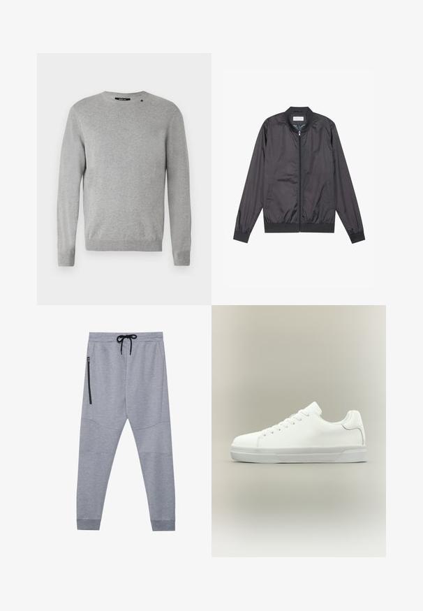 Sort bomberjakke lavet af let, glat materiale med lynlåslukning, ribbet krave, manchetter og kant; har sidelommer.; Lys grå sweater med lange ærmer, rund halsudskæring, strikket tekstur og et simpel design med et lille logo over venstre skulder.; Grå sweatpants lavet af blødt stof med snor i taljen, tætsiddende ben og en sidelomme med lynlås til sikker opbevaring.; Hvid lavtop sneaker med snørelukning foran, polstret krave og tekstureret gummisål, vist i sidelayout på neutral baggrund.