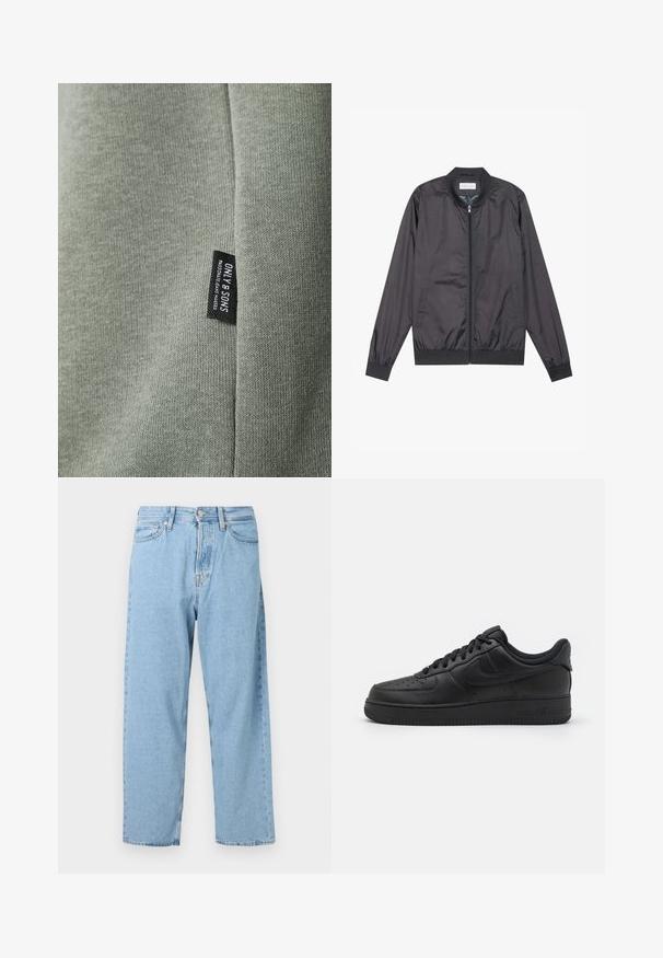 Sort bomberjakke lavet af let, glat materiale med lynlåslukning, ribbet krave, manchetter og kant; har sidelommer.; Lys grøn stof med en glat tekstur, der har et sort mærke med teksten "ONLY & SONS." Stoffet viser fine strikkemønstre.; Lyseblå høj talje straight-leg jeans med fem lommer samt en frontlukning med knap og lynlås.; Nike Sportswear AIR FORCE 1 07 FLYEASE - Sneakers - black