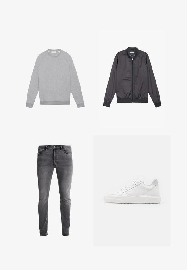 Black bomber jacket made from lightweight, smooth material with a zip closure, ribbed collar, cuffs, and hem; features side pockets.; Light grey long-sleeve crewneck sweatshirt with ribbed cuffs and hem, displayed flat on a plain background.; Slim-fit grey denim jeans with a slight stretch. Features five pockets, a zip fly, and a contrasting metal button. Faded wash texture.; White leather sneakers with a smooth finish, rounded toe, flat laces, and a textured sole. Grey suede accent at the heel.
