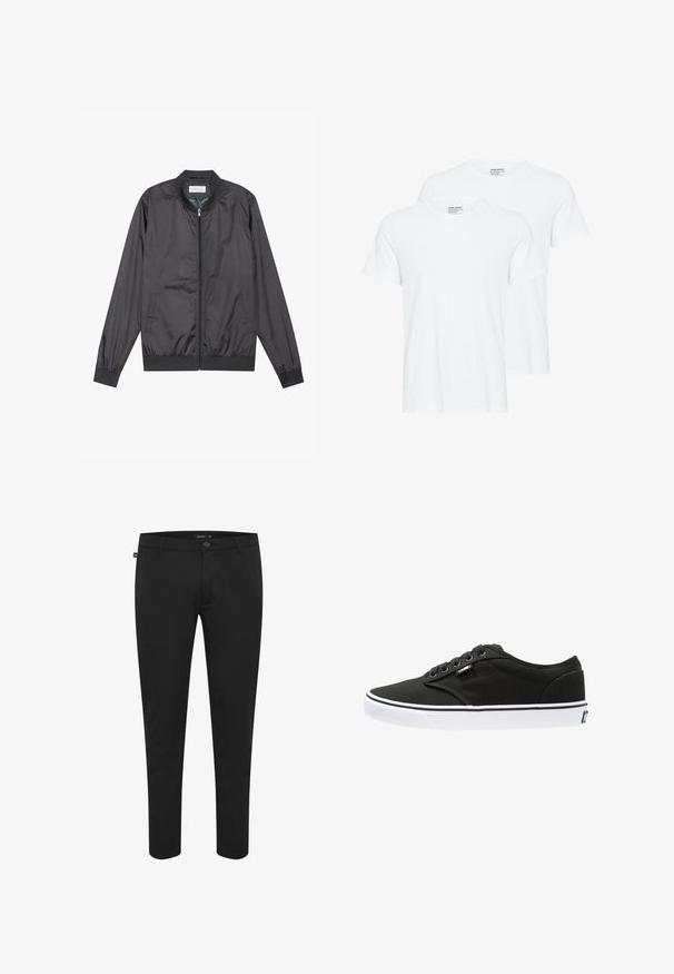 Chaqueta bomber negra hecha de un material ligero y suave con cierre de cremallera, cuello, puños y dobladillo acanalados; cuenta con bolsillos laterales.; Dos camisetas blancas lisas de manga corta y cuello redondo superpuestas sobre un fondo blanco.; Pantalones negros de tela suave. Cuentan con un cierre de botón, pasadores para cinturón y un diseño ajustado con perneras estrechas. Sin patrones visibles.; Zapatillas de lona negras con suelas de goma blancas, punta redondeada, cinco ojales, branding mínimo y costuras en blanco y negro.