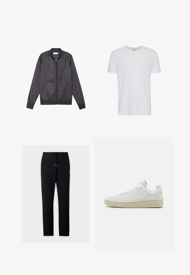 Veste bomber noire en matériau léger et lisse avec fermeture éclair, col, poignets et ourlet côtelés ; elle dispose de poches latérales.; T-shirt blanc uni à manches courtes et col rond, présenté sur fond blanc, avec une petite étiquette au col indiquant la marque « Solid ».; Pantalon de jogging noir à cordon avec taille et poignets élastiques, présenté sur fond gris clair.; Baskets en cuir blanc avec une finition texturée et un col rembourré. Elles sont dotées d'une semelle en caoutchouc beige et d'une discrète branding sur le talon et le côté.