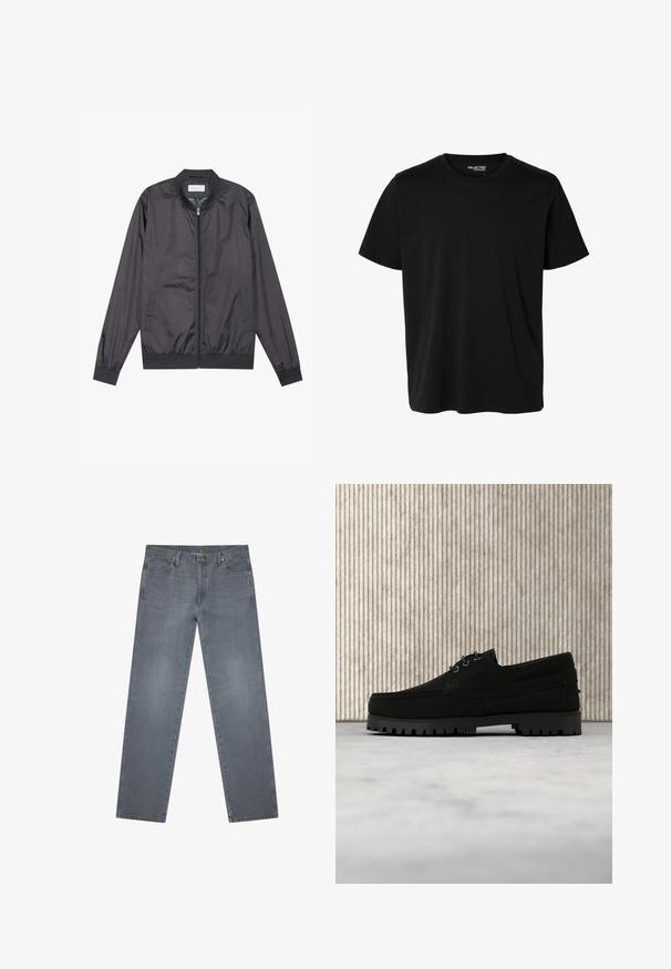 Veste bomber noire en matériau léger et lisse avec fermeture éclair, col, poignets et ourlet côtelés ; elle dispose de poches latérales.; T-shirt noir uni à manches courtes et col rond pour homme, sans motifs ni logos visibles à l’avant.; Jean denim gris à jambe droite avec poches avant, passants pour ceinture et fermeture par bouton.; Chaussure noire à lacets avec semelle épaisse à nervures flottant au-dessus d'un tapis beige, table ronde moderne marron en arrière-plan dans une pièce à éclairage doux.