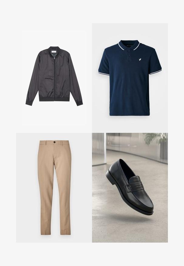 Schwarze Bomberjacke aus leichtem, glattem Material mit Reißverschluss, geripptem Kragen, Bündchen und Saum; bietet Seitentaschen.; Dunkelblaues Poloshirt aus Baumwolle mit klassischem Kragen, drei Knöpfen und weißen Streifenakzenten an den Ärmeln. Verfügt über ein kleines weißes Logo.; Beige maßgeschneiderte Hose aus einem glatten Stoff, mit Knopfverschluss, Gürtelschlaufen und schmalem Schnitt mit geradem Bein.; Schwarzer Lederloafer mit glatter Textur, spitzer Zehe und einem dekorativen Riemen über dem Rist. Leichte Sohle, minimalistisches Design.