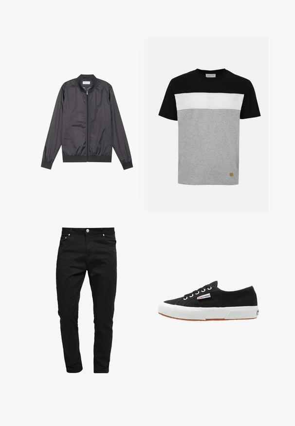 Sort bomberjakke lavet af let, glat materiale med lynlåslukning, ribbet krave, manchetter og kant; har sidelommer.; Herre T-shirt med korte ærmer i sort over bryst og ærmer, hvid bryststribe og lysegrå nederste del.; Sorte jeans lavet af denimstof, slim fit design, fem-lomme stil, metal knaplukning, med syninger og en glat tekstur.; Sort lærredssneaker med hvid gummisål og brunt gummiydersål. Har rund tå, snørebåndsdesign og lille logoetiket på siden.