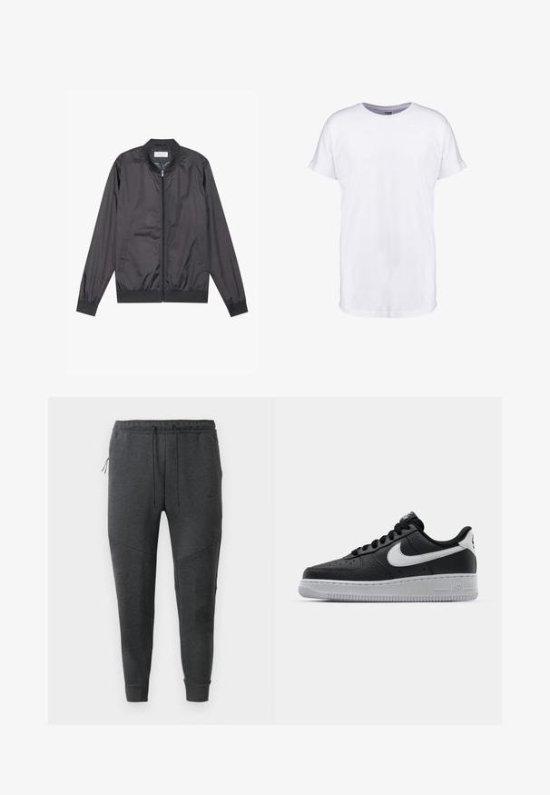 Schwarze Bomberjacke aus leichtem, glattem Material mit Reißverschluss, geripptem Kragen, Bündchen und Saum; bietet Seitentaschen.; Schlichtes weißes kurzärmeliges T-Shirt mit umgeschlagenen Ärmelbündchen und rundem Halsausschnitt, dargestellt auf weißem Hintergrund.; Dunkelgraue Nike Jogginghosen mit Kordelzugbund, seitlichem Reißverschlusstaschen, schmal zulaufenden Beinen und gerippten Bündchen auf einem weißen Hintergrund.; Schwarze Ledersneaker mit strukturierten Oberflächen, weißem Nike-Swoosh, grauer Sohle, runder Zehenpartie und Schnürdesign. Verfügt über Perforationen an der Zehenbox.