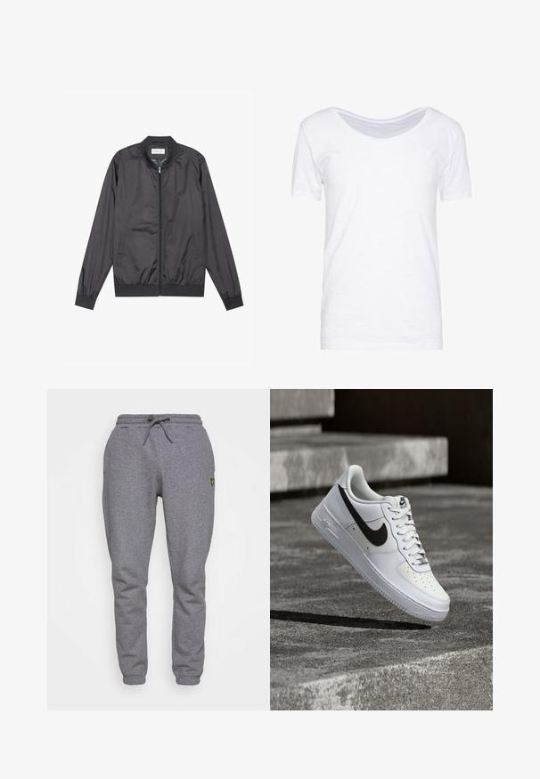 Chaqueta bomber negra hecha de un material ligero y suave con cierre de cremallera, cuello, puños y dobladillo acanalados; cuenta con bolsillos laterales.; Camiseta blanca de manga corta, con escote en forma de barco, textura suave, corte holgado, hecha de una tela ligera con un ligero estiramiento. Sin patrones ni acentos.; Pantalones de chándal grises de algodón con cintura elástica, cordones, bolsillos laterales y un pequeño logo amarillo en el muslo. Diseño de pierna estrecha.; Zapatilla blanca Nike Air Force 1 con el logo Swoosh negro, cordones atados, posicionada en el aire sobre una superficie de concreto texturizado al aire libre.