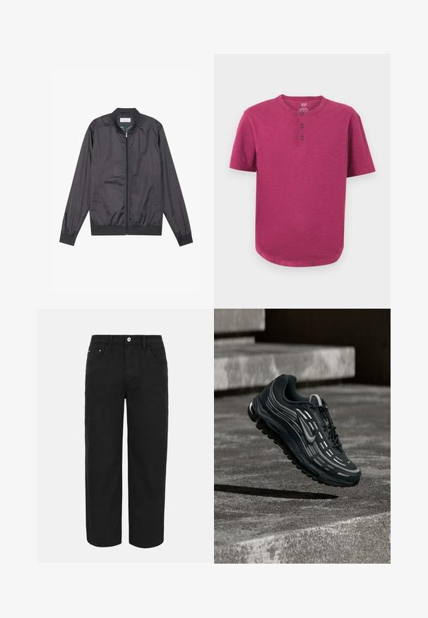 Zwarte bomberjack gemaakt van lichtgewicht, glad materiaal met een ritsluiting, ribbelkraag, manchetten en onderrand; beschikt over zijzakken.; Korte mouwen henley-shirt in een levendige magenta kleur. Heeft een ronde hals, een drieknoopsluiting en een licht afgeronde zoom. Zachte textuur.; Zwarte rechte broek met knoop- en ritssluiting aan de voorkant, riemlussen en drie voorzakken op een effen lichte achtergrond.; Zwarte en grijze Nike Air Max sneaker zwevend boven grijze betonnen trappen met een gestructureerde achtergrond van de grond.