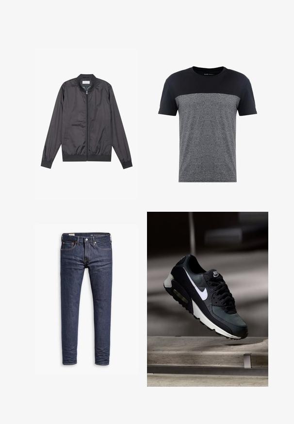Sort bomberjakke lavet af let, glat materiale med lynlåslukning, ribbet krave, manchetter og kant; har sidelommer.; Pier One by Zalando T-shirts print - black; Mørkeblå slim-fit Levi's Performance jeans med fem lommer og synlig syning på hvid baggrund.; Sort og grå Nike Air Max sneaker med hvid swoosh, ophængt over en betongulv mod en sløret mørk baggrund.