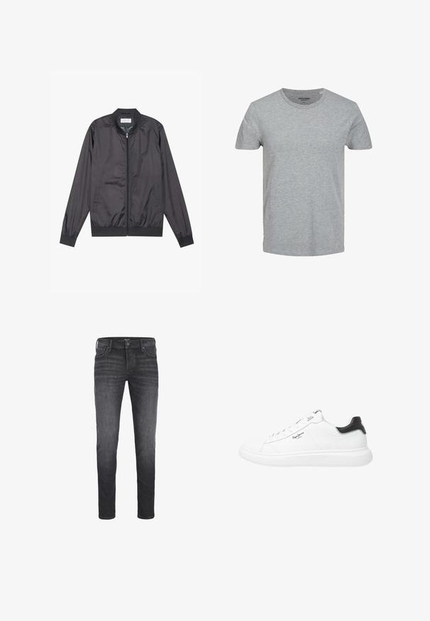 Veste bomber noire en matériau léger et lisse avec fermeture éclair, col, poignets et ourlet côtelés ; elle dispose de poches latérales.; T-shirt gris à manches courtes en coton doux. Doté d'un col ras du cou classique et d'une coupe régulière. Design simple sans motifs ni accents.; Jean noir pour homme à coupe slim. Fabriqué en denim à la texture lisse, comportant cinq poches, une fermeture à bouton et un léger délavage.; Baskets basses blanches en cuir avec une finition lisse, dotées d'accents noirs au niveau du talon, de lacets ronds et de coutures latérales discrètes.
