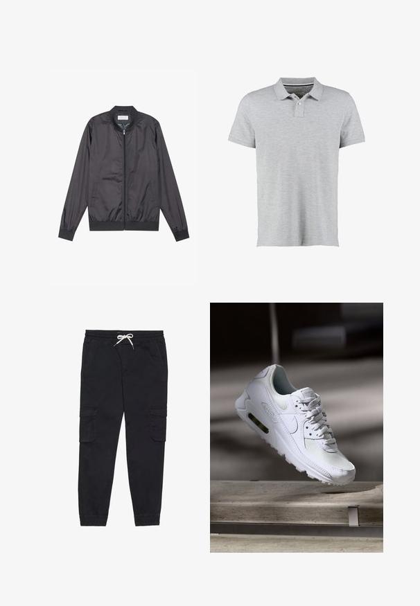 Veste bomber noire en matériau léger et lisse avec fermeture éclair, col, poignets et ourlet côtelés ; elle dispose de poches latérales.; Polo gris à manches courtes, en tissu doux, avec un col à côtes subtil et une patte de boutonnage à deux boutons.; Pantalons cargo noirs en coton, avec une taille élastique et un cordon de serrage, des poches latérales et des poignets fuselés.; Sneaker Nike Air Max 90 blanche avec une tige en mesh et cuir, une boîte à orteils perforée et une unité air visible au talon.