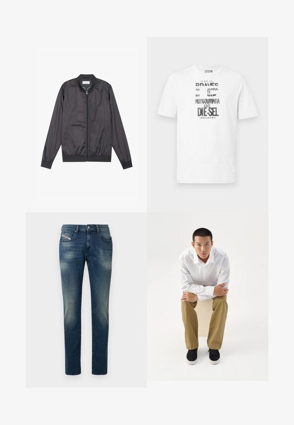 Schwarze Bomberjacke aus leichtem, glattem Material mit Reißverschluss, geripptem Kragen, Bündchen und Saum; bietet Seitentaschen.; Weißes Diesel T-Shirt mit kurzen Ärmeln, schwarzem und weißem grafischem Text und Logo auf der Vorderseite, rundem Ausschnitt und rotem Logoschild an der Seitennaht.; Dunkelblaue Jeans aus Denim mit verwaschenem Look, geradem Bein und leicht abgenutztem Knie. Verfügt über Vordertaschen und einen Metallknopfverschluss.; Junger Mann in weiß gestreiftem Hemd und khakifarbener Hose sitzt nach vorne gelehnt auf einem Hocker mit verschränkten Armen und schaut direkt geradeaus vor weißem Hintergrund.